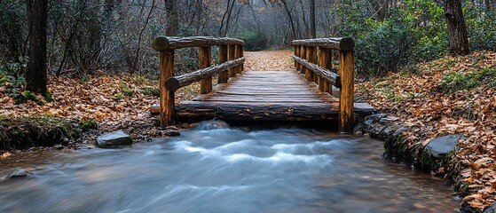 Fototapeta premium Wooden bridge over stream, autumn forest (1)