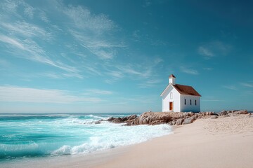 Tranquil white chapel on a sun-drenched coastal shore.