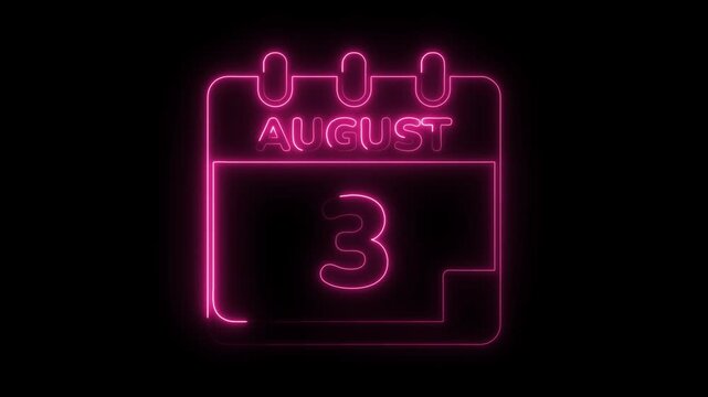 Glowing neon calendar displays august 3rd isolated on black background