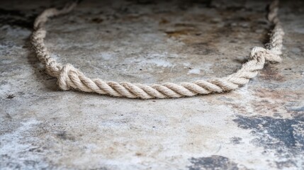 Fototapeta premium A length of natural fiber rope coiled on a weathered concrete surface.