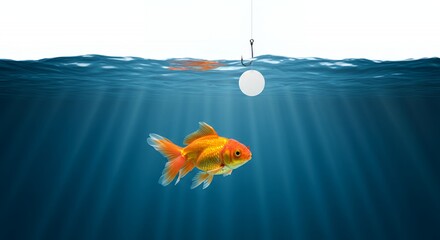 Photorealistic Goldfish Swimming in Blue Water Beneath Dangling Fishing Hook with a Blank White Form Isolated on White Background