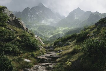 Stone path leading to majestic mountains. A serene landscape.
