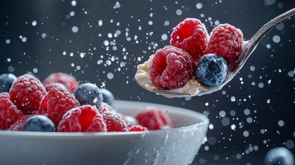 Fresh Berries on Spoon with Water Droplets in Artistic Presentation