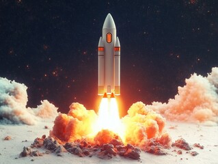 Rocket launching into starry night sky surrounded by clouds and fiery smoke creating a dramatic and powerful scene