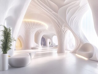 Modern, white, organic architecture interior