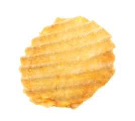 One tasty ridged potato chip in air isolated on white