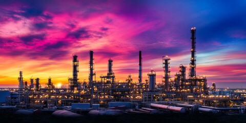 Fototapeta premium Vibrant sunset over an industrial complex with numerous structures lighting up the evening sky