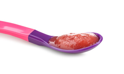 Baby food. Tasty puree in spoon isolated on white