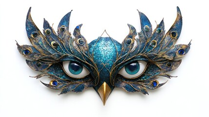 Surreal Peacock Feather Mask with Captivating Mystical Eyes in a Fantastical and Elegant Portrait  Colorful Ornate and Imaginative Accessory or Fashion Design Element