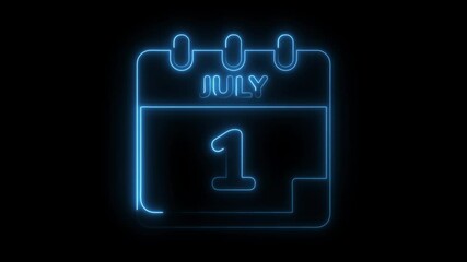 Glowing blue neon calendar displaying july first date on black background loop animation