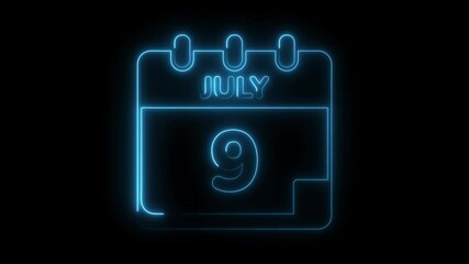 Neon style calendar with july 9th date on black background