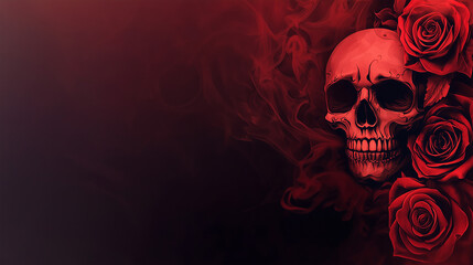 Creepy Skull Silhouette with Shadowy Smoke Extending Downwards, Set Against a Dark Black to Maroon Gradient Background, Featuring Empty Space in the Corner for Text or Custom Design Elements