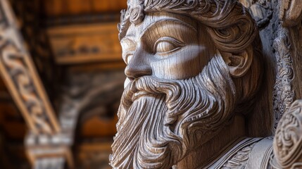 Wood carving of a bearded king figure showcasing intricate details in an ornate architectural setting