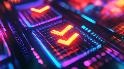 Fototapeta premium A vibrant, digital interface featuring glowing check marks in a futuristic grid design, symbolizing approval and selection. [Whispering Archives] | Enchanted Index | glowing mark. Illustration