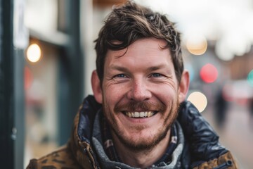 Portrait of a handsome young man smiling in a city street.