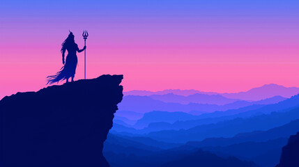 Silhouette of Lord Shiva Holding Trident on Cliffside, Set Against Twilight Background with Stunning Pink to Purple Sky Gradation, Symbolizing Divine Power and Serenity at Dusk