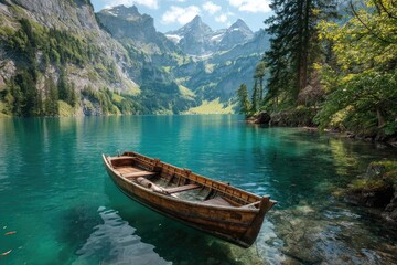Obraz premium Serene mountain lake scene with wooden boat.