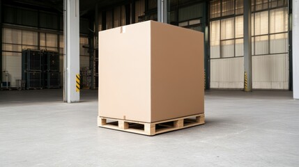 Large cardboard box on a wooden pallet inside a spacious warehouse during daylight hours