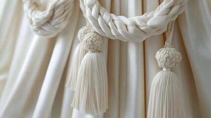 Close-up of elegant creamy white curtain tiebacks with intricate braided rope and decorative tassels highlighting luxurious home decor