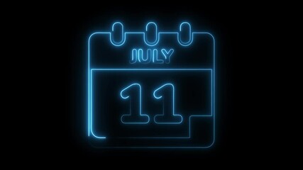 Neon calendar animation for july 11th isolated on black background date reminder