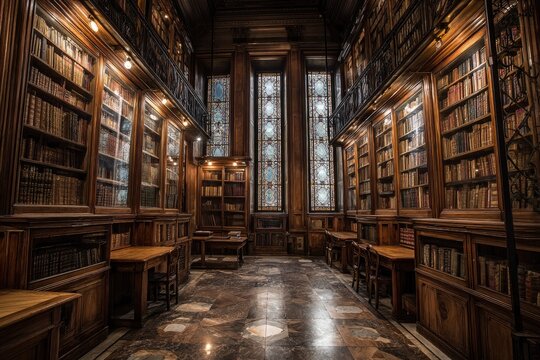 Grand, dimly lit library, with antique bookshelves