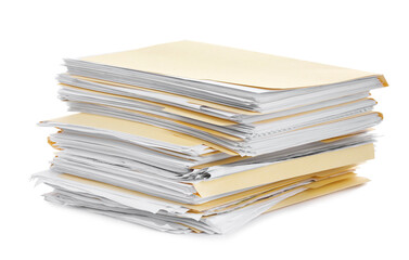 Stack of file folders with papers isolated on white