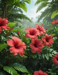 Vibrant hibiscus blooms amidst lush tropical foliage,  jungle,  texture