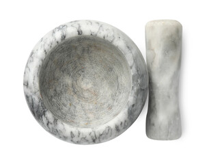 Marble mortar with pestle isolated on white, top view