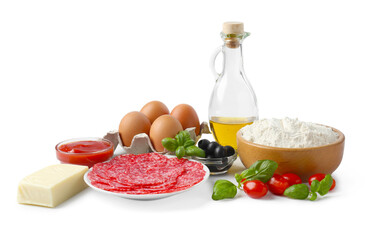 Making pizza. Different ingredients isolated on white