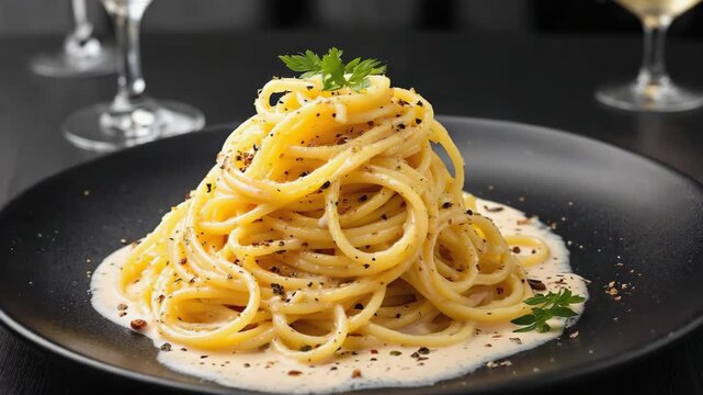 carbonara pasta fine plating on black ceramic dish with creamy cheese, carbonara pasta fine plating styled for advertising photo, carbonara pasta fine plating showing juicy parmesan swirl and gourmet 