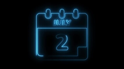 July second neon calendar icon animation on black background holiday event date reminder and schedule
