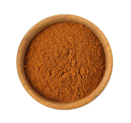 Nutmeg powder in bowl isolated on white, top view
