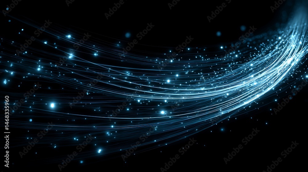 Poster A blue light trail with glowing particles on black background, representing fast digital data transfer in the internet and network connection technology concept, futuristic speed of information
