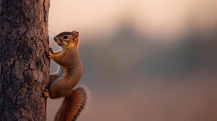Squirrel Climbing Tree Trunk At Sunrise