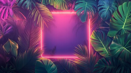 Vibrant tropical leaves frame a colorful neon square in a lush setting creating a modern, artistic atmosphere