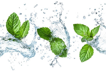 Fresh green mint leaves with water splashes creating a refreshing concept isolated on a transparent background