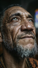 Fototapeta premium Closeup Portrait Thoughtful Man Face Wrinkles Beard Age Ethnicity Natural Texture Light Expression Eyes Soulful Gaze Skin Dignity Reflection Profile Wisdom Character Depth Culture Heritage History