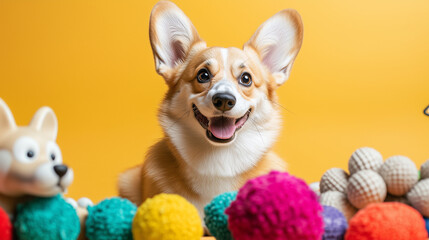 Happy and smiling Corgi dog standing against a vibrant yellow background, great for cheerful pet content, animal advertisements, kids' designs, and energetic marketing materials