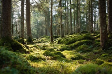 Obraz premium Sunlight filtering through a mossy forest floor.