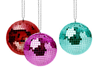 Different shiny disco balls on white background