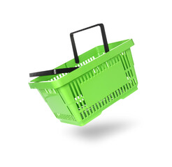 Green shopping basket in air on white background