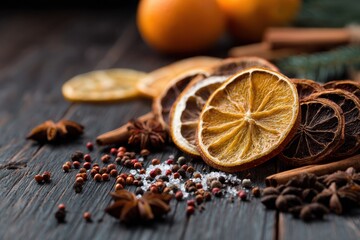 Decorative Arrangement of Dried Orange Slices and Spices on a Dark Wooden Table for an Autumnal Ambiance Generative AI