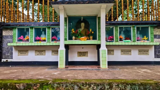 Close up view of architectural and decorative details at Polgolla Shastraravinda Piriwena Buddhist temple in Sri Lanka