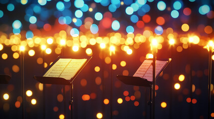 Warm glow of christmas carols: music stands lit by festive lights. [Cyber Serenades] | LED Hymns | glowing chorus. Illustration