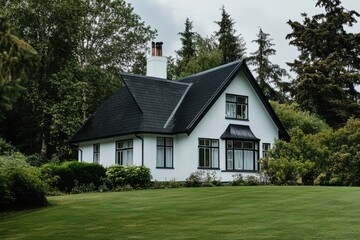 Nestled amidst vibrant greenery, this charming white house exudes tranquility and comfort, creating a peaceful retreat on a cloudy day