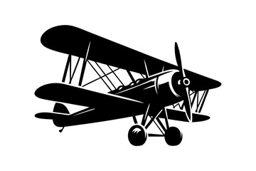 Black silhouette of vintage biplane on white background. Clipart image isolated on background.