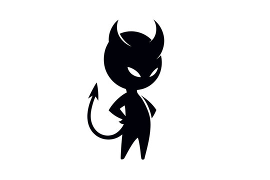 Black silhouette of cartoon devil with horns and pointed tail standing confidently. Clipart image isolated on background.