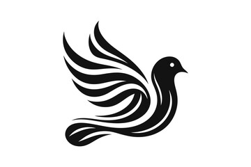 Obraz premium Black and white stylized icon of flying dove with flowing feathers. Clipart image isolated on background.
