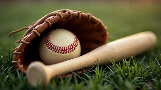 Baseball in Glove on Grass Field