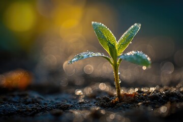 Delicate young sprout emerging from fertile soil in morning light.